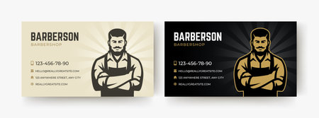 Modern and stylish business card design featuring a barber illustration in a retro style. Perfect for barbershops, hairdressers, or personal branding. Vector illustrationのイラスト素材