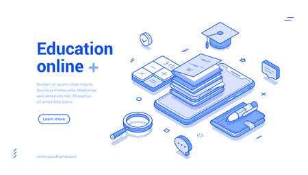 Online education e learning remotely class school web banner isometric vector illustration. Internet studying course lesson academic training graduation library smartphone app college technologyのイラスト素材