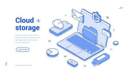 Computer cloud storage data center technology laptop smartphone web banner isometric vector illustration. Computing database cyberspace connection information server desktopのイラスト素材