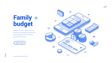 Family budget accounting bookkeeping calculation web banner isometric vector illustration. Financial balance planning analyzing savings expenses earnings control money management mobile appのイラスト素材