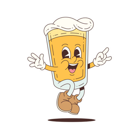 Energetic beer glass mascot with foamy top jumping in the air, perfect for festivals, advertising, events, and food-themed content. Vector mascot illustration.のイラスト素材