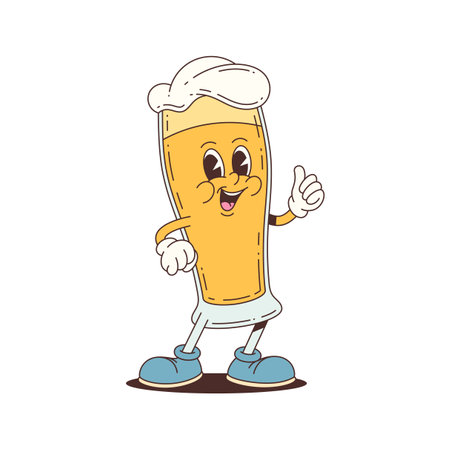 Funny beer glass mascot character with smiling expression, white foam hat, and blue shoes. Suitable for festival graphics or food events. Vector illustration.のイラスト素材