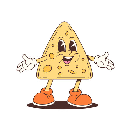 Cheerful triangular nacho mascot with orange boots and gloves, designed in vibrant cartoon style for food promotion and entertainment. Vector mascot illustrationのイラスト素材