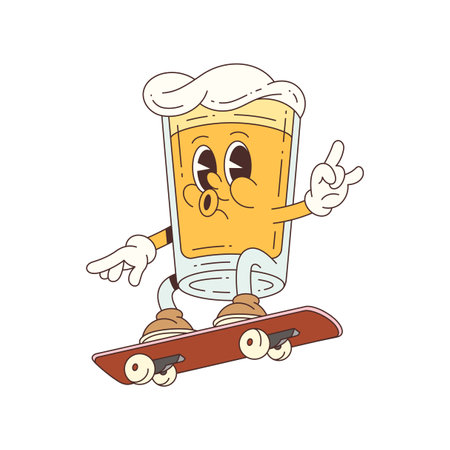 Happy beer mascot character riding a skateboard with frothy top and waving hand, ideal for parties, advertising, and events. Vector mascot illustration.のイラスト素材
