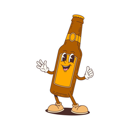 Animated beer bottle mascot with a friendly face, waving hands, and thumbs up gesture designed for advertising, promotions. Perfect for playful and engaging visuals. Vector illustrationのイラスト素材