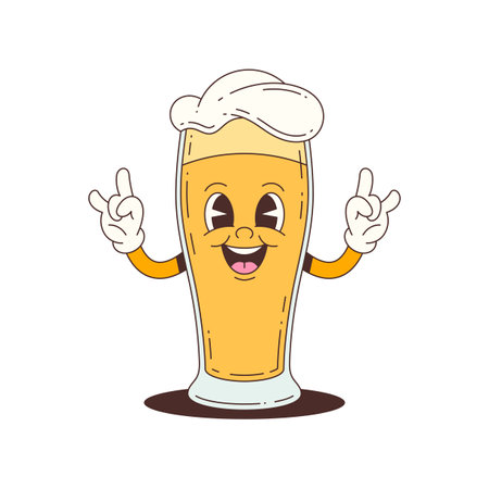 Cheerful cartoon beer mascot with white foam hat and raised hands, designed for food promotions, social media, or festive branding. Vector illustrationのイラスト素材