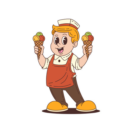 Cheerful cartoon boy mascot in bright uniform holding two ice cream cones and smiling. Perfect for sweet-themed branding, advertising, and food promotions. Vector illustrationのイラスト素材