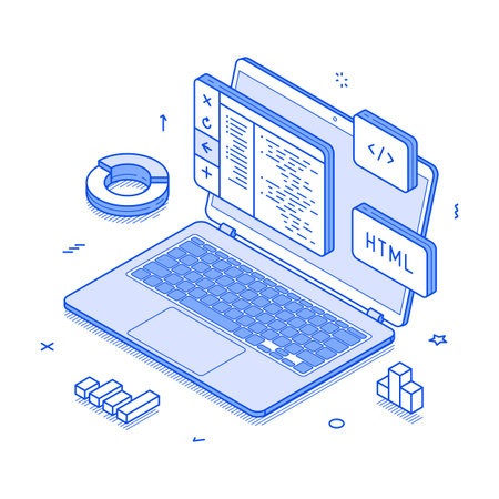 Programming coding soft web development computer engineering minimalist isometric vector illustration. Programmer digital big data system processing information script analyzing communicationのイラスト素材