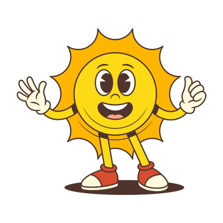 Happy vintage sun mascot smiling and waving while showing thumbs up. Suitable for summer, vacation, weather, and positive branding projects. Vector illustrationのイラスト素材