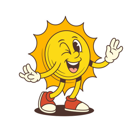 Bright and cheerful vintage sun mascot winking and waving while dancing with joyful energy. Suitable for summer, vacation, weather, and fun creative projects. Vector illustrationのイラスト素材