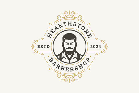 Retro-styled barbershop logo with vintage portrait of a man with beard and mustache, set within decorative border. Ideal for branding grooming services. Vector illustrationのイラスト素材