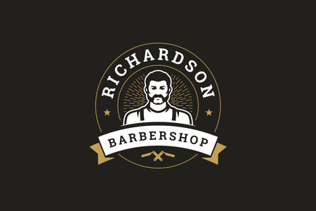 Retro-style barbershop logo featuring a male portrait, golden stars, and scissors, set in a circular emblem. Ideal for grooming services. Vector illustrationのイラスト素材
