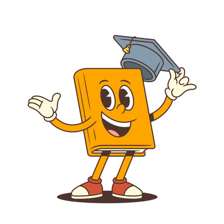 Happy yellow book character holding academic cap and spreading arms in cheerful welcoming gesture. Ideal for education and graduation themes. Vector illustrationのイラスト素材