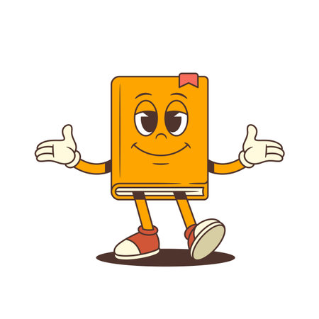 Happy yellow cartoon book mascot with red shoes and bookmark spreading arms in open welcoming gesture with joyful facial expression. Perfect for education and reading themes. Vector illustrationのイラスト素材