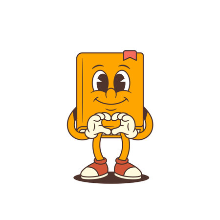 Yellow cartoon book character making heart gesture with hands and smiling in positive friendly expression. Ideal for themes of love, education, and kindness. Vector illustrationのイラスト素材