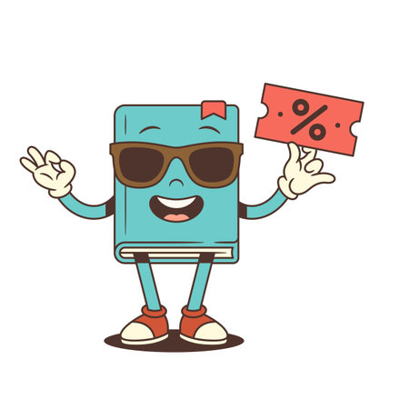 Cheerful blue cartoon book character in sunglasses holding a red discount coupon with percent symbol while showing an OK hand gesture. Fun and creative style. Vector illustrationのイラスト素材