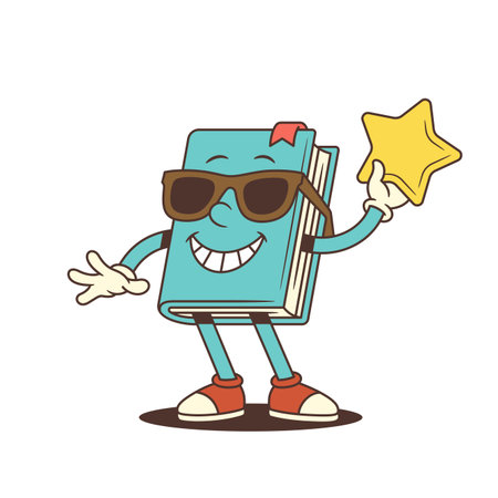 Smiling blue cartoon book mascot wearing sunglasses and holding a shining golden star raised high. Illustration conveys success, achievement, and positivity. Perfect for education. Vector illustrationのイラスト素材