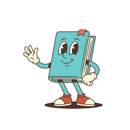 Blue cartoon book mascot character with red shoes and bookmark smiling and waving hand in friendly gesture. Positive and educational design for creative projects in vector illustrationのイラスト素材