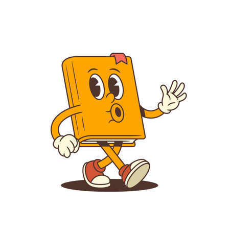 Orange cartoon book mascot character in red sneakers and bookmark walking with confident expression and whistling. Cheerful design with positive energy in educational theme. Vector illustrationのイラスト素材