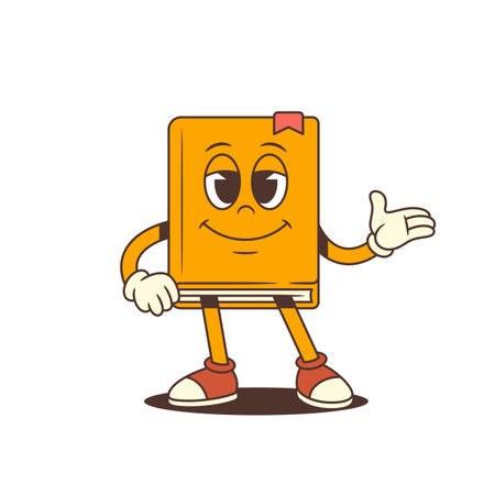 Happy orange cartoon book mascot character with relaxed smile and welcoming hand gesture. Cheerful and cute design with friendly attitude and expressive face. Isolated on white. Vector illustrationのイラスト素材