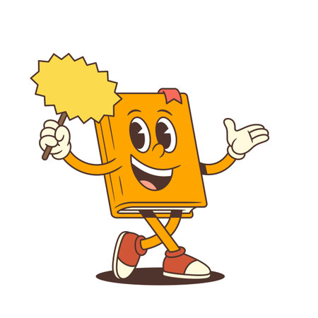 Joyful cartoon blue book mascot character with open arms holding a yellow banner for promotional sale or announcement. Positive mood, clear message and friendly expression. Vector illustrationのイラスト素材