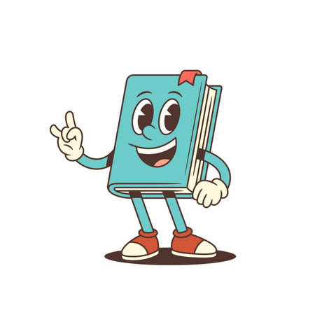 Cheerful blue cartoon book mascot with red bookmark and red sneakers smiling and making a rock hand gesture. Perfect for playful educational and creative projects. Vector illustrationのイラスト素材