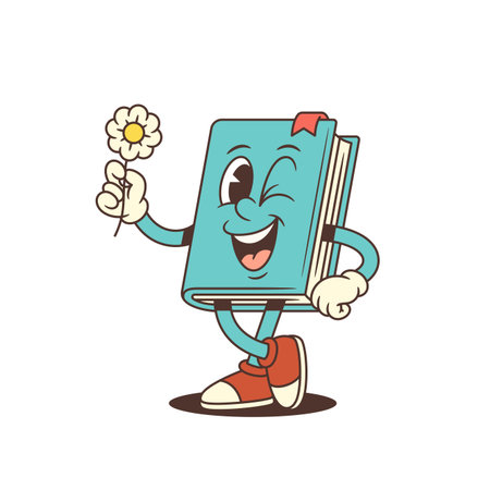 Smiling blue cartoon book mascot with red bookmark and sneakers winking and holding white daisy flower. Perfect for education, nature and children themes. Vector illustrationのイラスト素材