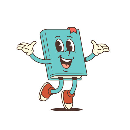 Happy blue cartoon book mascot with red bookmark and sneakers jumping with open arms in joyful friendly gesture. Perfect for educational and fun designs. Vector illustrationのイラスト素材