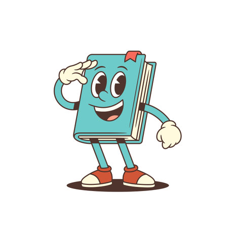 Blue cartoon book mascot saluting with a bright smile and friendly gesture representing respect, greeting, and positive emotions related to education and learning concepts. Vector illustrationのイラスト素材