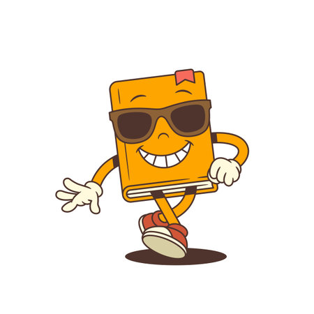Confident orange cartoon book mascot walking forward in sunglasses with a proud attitude, showing personality and fun educational character design. Colorful and bold concept. Vector illustrationのイラスト素材