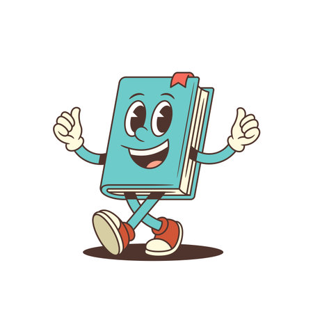 Joyful blue cartoon book mascot walking forward with raised hands and cheerful expression. Perfect for educational materials and entertainment design projects. Positive vector illustrationのイラスト素材