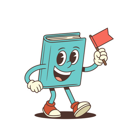 Blue cartoon book mascot joyfully walking forward holding a red flag. Ideal for education campaigns, promotions, and children's projects. Bright and friendly character vector illustrationのイラスト素材