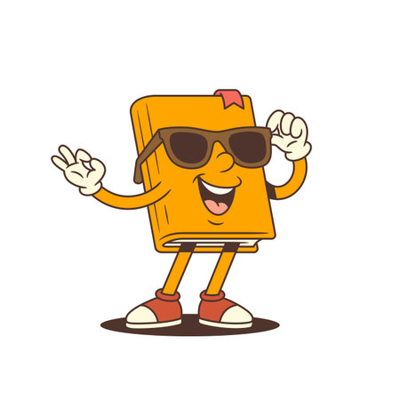 Stylish orange book mascot in sunglasses showing confident OK gesture. Fun and educational concept with comic charm and cheerful attitude. Perfect for creative projects. Colorful vector illustrationのイラスト素材