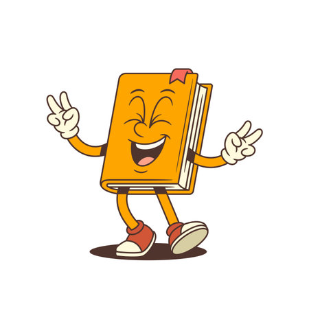 Cheerful orange book mascot laughing with squinting eyes and raising hands in joyful victory gestures. Fun educational character. Perfect for creative designs. Colorful vector illustrationのイラスト素材
