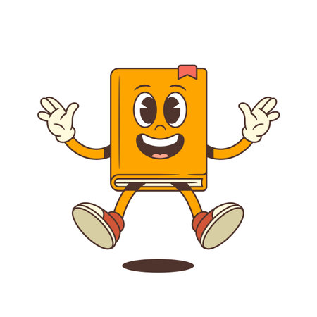 Energetic orange cartoon book mascot jumping with joy and waving hands in the air. Fun educational character expressing happiness and excitement. Colorful and lively vector illustrationのイラスト素材