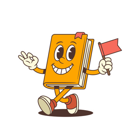 Bright orange cartoon book mascot walking forward while holding a red flag and making an OK gesture with a happy expression. Educational and playful design for fun projects. Vector illustrationのイラスト素材