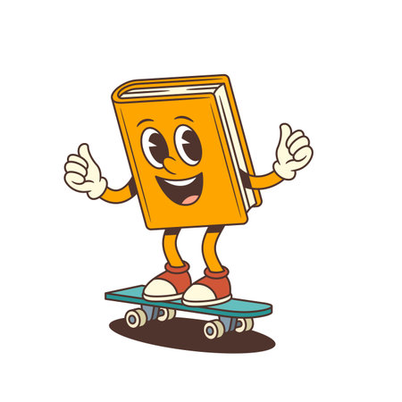 Joyful orange book mascot rides skateboard with happy expression and raised thumb, representing energy, fun, motivation, learning and creativity in education concept. Colorful vector illustrationのイラスト素材