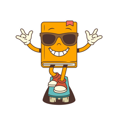 Confident cartoon book character in sunglasses rides skateboard with expressive ILY gesture, conveying energy, style, joy and educational spirit. Ideal for learning and fun themes. Vector illustrationのイラスト素材