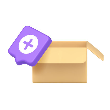 Open cardboard box and vibrant add button representing logistics, delivery, and inventory management. Suitable for branding, stickers, and apps. 3d icon realistic vector illustrationのイラスト素材