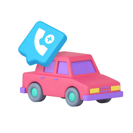 Modern pink car and blue phone contact button symbolizing mobility, communication, and technology....