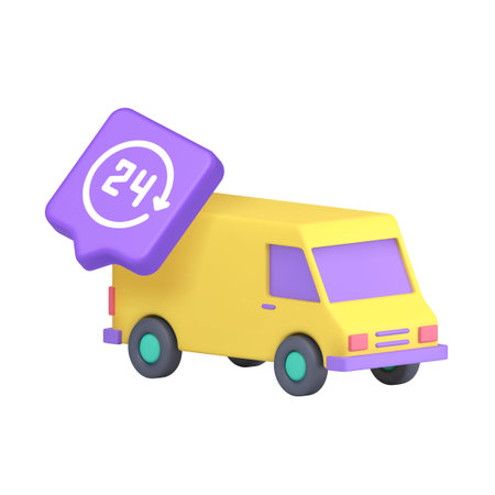 Yellow delivery truck with purple speech bubble and 24 hours service button symbolizing logistics, shipping, and round-the-clock support. Perfect for branding and apps. 3d icon vector illustrationのイラスト素材