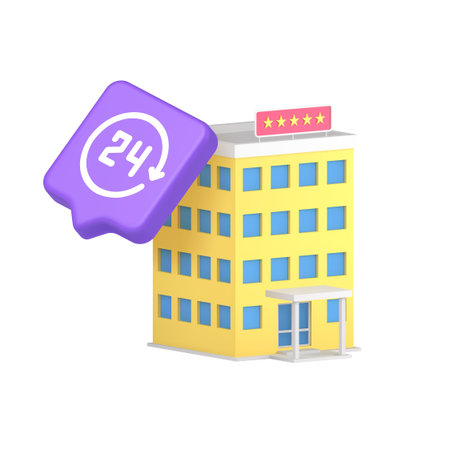 Colorful hotel building with blue windows, red five-star sign and purple 24 button representing 24-hour accommodation and booking service. 3d icon realistic vector illustrationのイラスト素材
