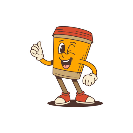 Cheerful orange coffee cup mascot with red lid winking and showing thumbs up gesture. Great for coffee shop branding, takeaway promotions, digital media, and cafe marketing. Vector illustrationのイラスト素材