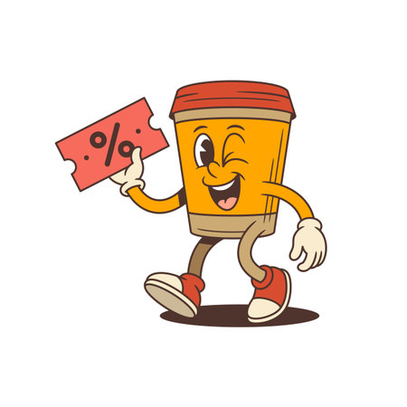 Cheerful takeaway coffee cup mascot walking with wink and holding red discount coupon with percentage sign. Perfect for cafe marketing, promotions, packaging, and social media. Vector illustrationのイラスト素材