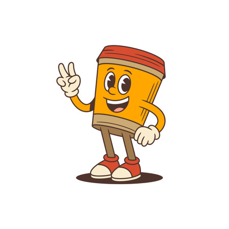 Playful coffee cup mascot with big smile standing and showing victory hand gesture in retro cartoon style. Suitable for branding, cafe advertising, packaging, and promotions. Vector illustrationのイラスト素材