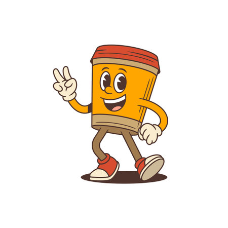 Playful takeaway coffee cup mascot character with victory gesture in cartoon style. Suitable for coffee shop branding, social media promotion, advertising, and packaging. Isolated vector illustrationのイラスト素材
