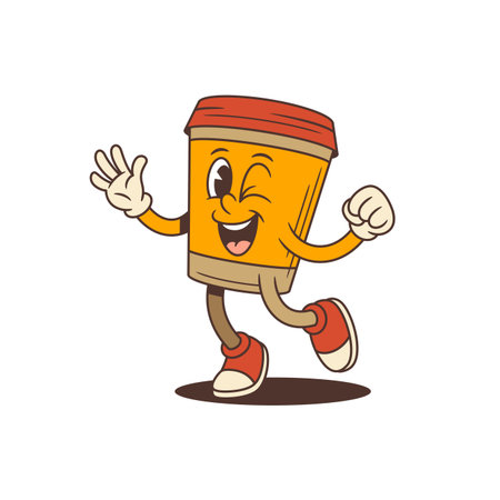 Energetic coffee cup mascot with orange body and red lid in dynamic walking pose. Features playful wink, friendly wave. Ideal for branding, marketing, and social media campaigns. Vector illustrationのイラスト素材