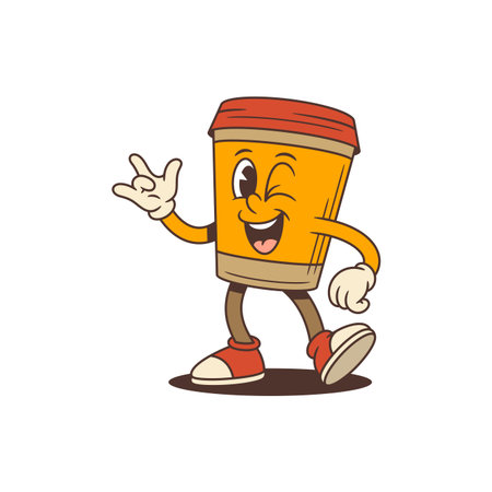 Energetic coffee cup mascot with orange body and red lid in dynamic walking pose. Features playful wink, wide smile and rock on hand gesture conveying confidence and friendliness. Vector illustration.のイラスト素材
