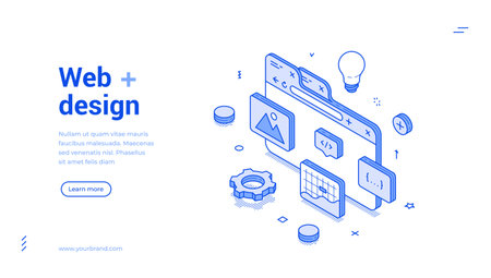 Web design internet page creation programming outline isometric banner design template vector illustration. Online marketing coding technology data building settings control panel landing pageのイラスト素材