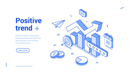 Positive trend dynamic growth business analyzing outline isometric web banner vector illustration. Statistic analysis increase arrow productivity efficiency achievement management landing pageのイラスト素材